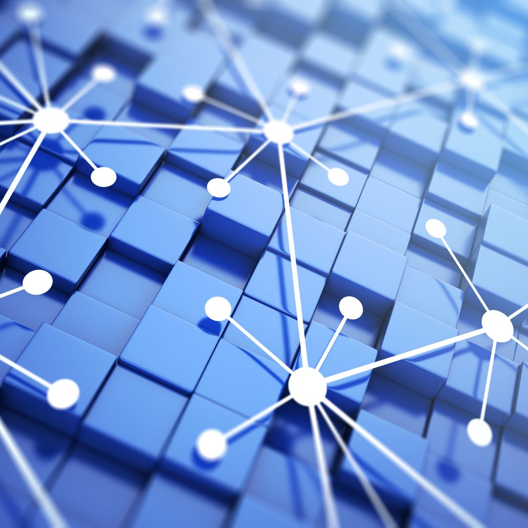 Connection icons connecting blue boxes