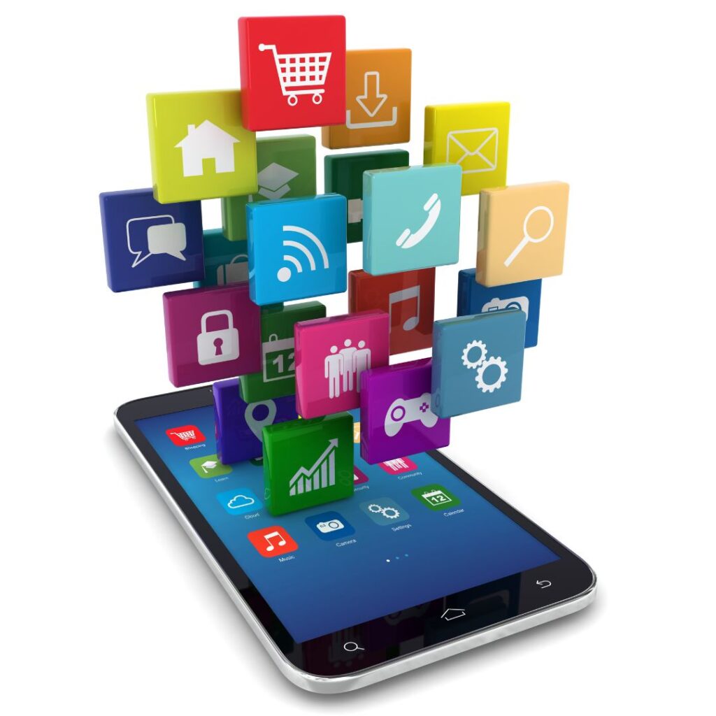 Smartphone with various colorful app icons representing marketing tools and strategies, symbolizing digital marketing training and automation.