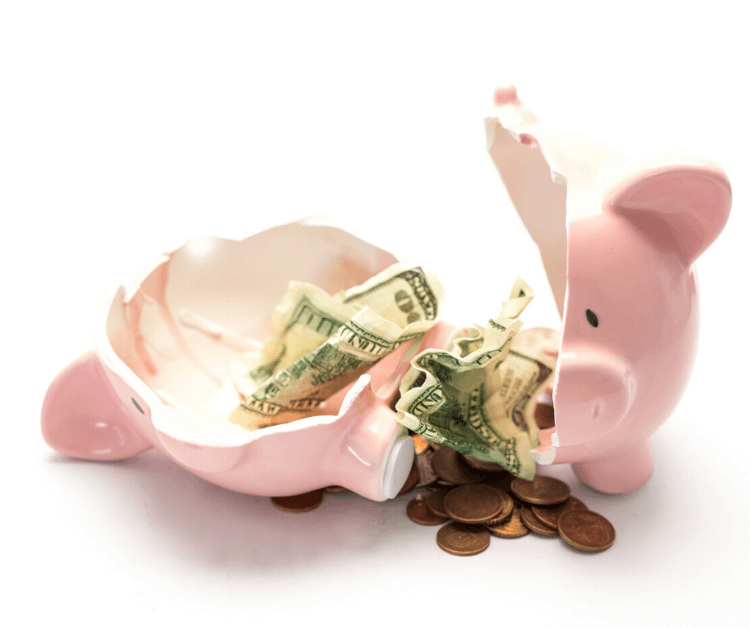 Broken pink piggy bank spilling out cash and coins, symbolizing financial challenges and money management, relevant to business growth and entrepreneurship.