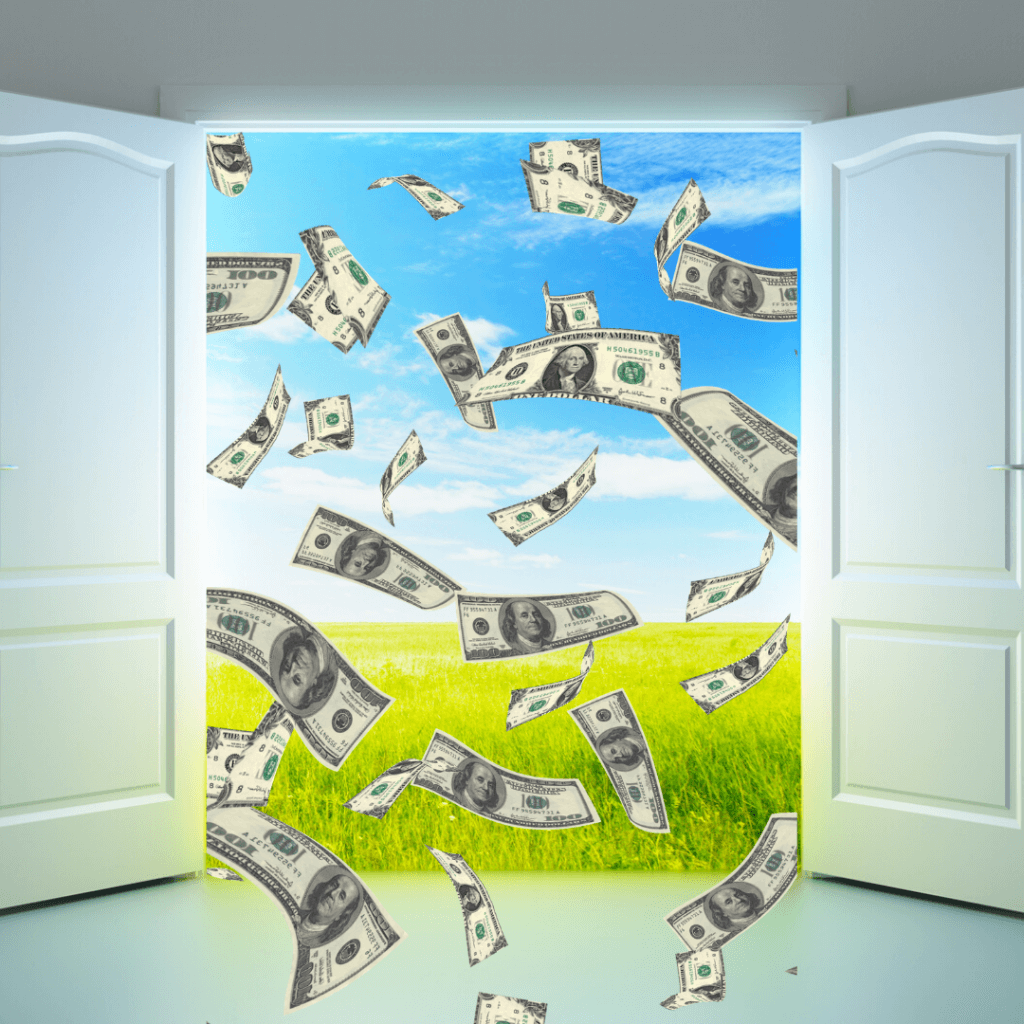 Open door with flying dollar bills against a bright blue sky and green field, symbolizing financial growth and business success related to Kristen David's coaching and mentoring services.