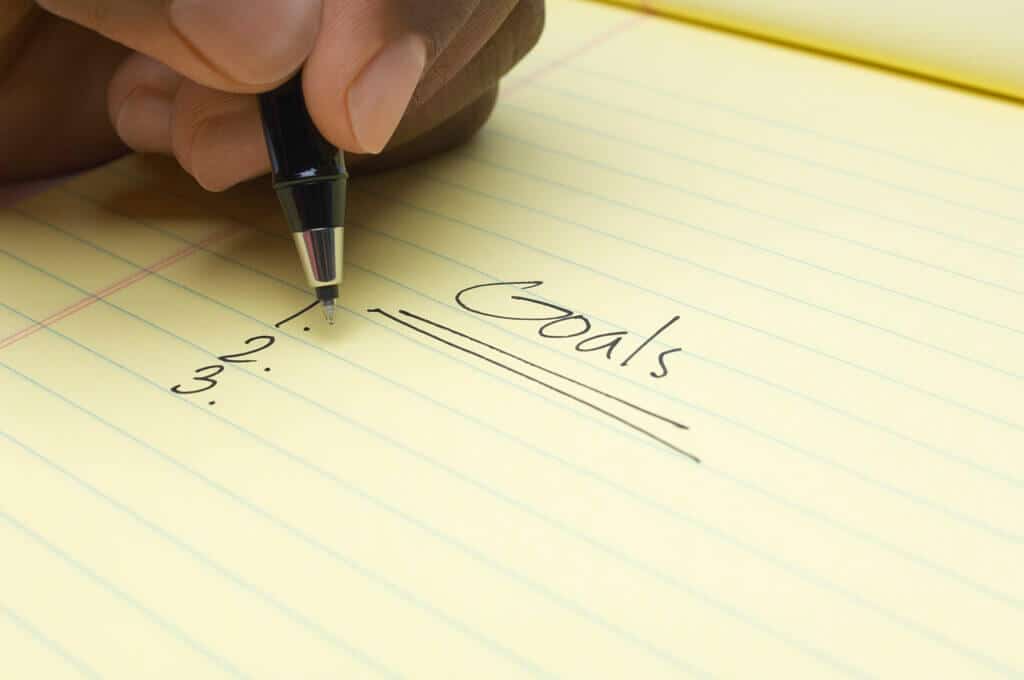 Hand writing "Goals" on a yellow notepad, emphasizing planning and accountability in business coaching.