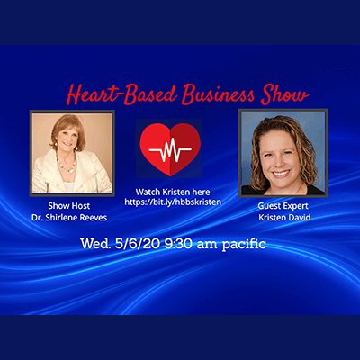 Heart-Based Business Show promotional graphic featuring host Dr. Shirlene Reeves and guest expert Kristen David, with event details and a heart logo.