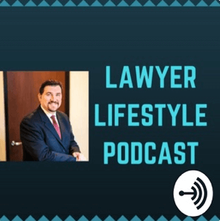 Lawyer Lifestyle Podcast cover featuring a man in a suit and tie, with the title prominently displayed in bold blue text.