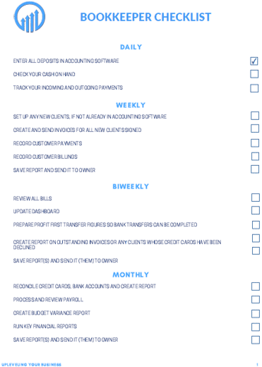Bookkeeper checklist with daily, weekly, biweekly, and monthly tasks for effective financial management, featuring a blue and white design with organizational icons, aligned with business efficiency tips.