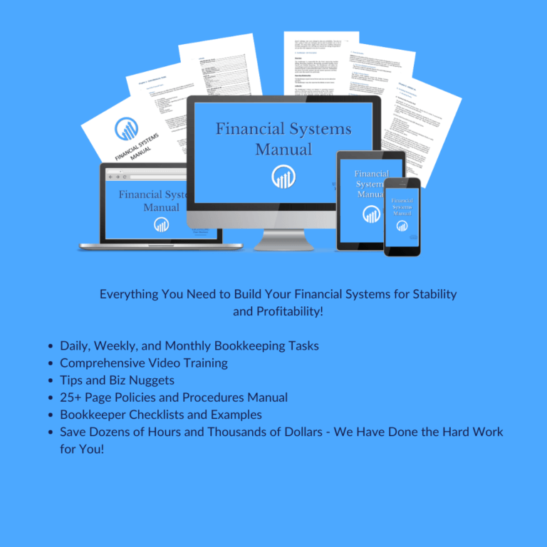 Financial Systems Manual displayed on multiple devices with accompanying documents, emphasizing streamlined bookkeeping tasks and comprehensive training for business stability and profitability.