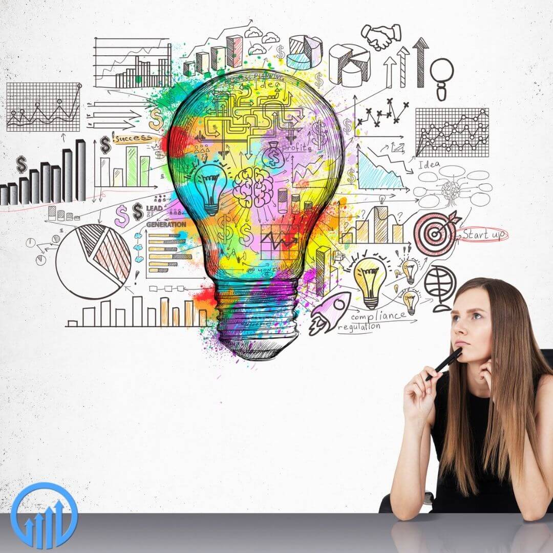 image of business logistics icons merging into a colored lightbulb