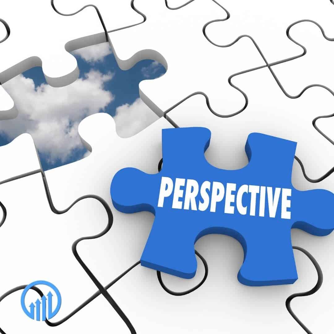 Puzzle piece with the word "PERSPECTIVE" in blue, fitting into a jigsaw puzzle showing a sky with clouds, symbolizing business growth and strategic planning.