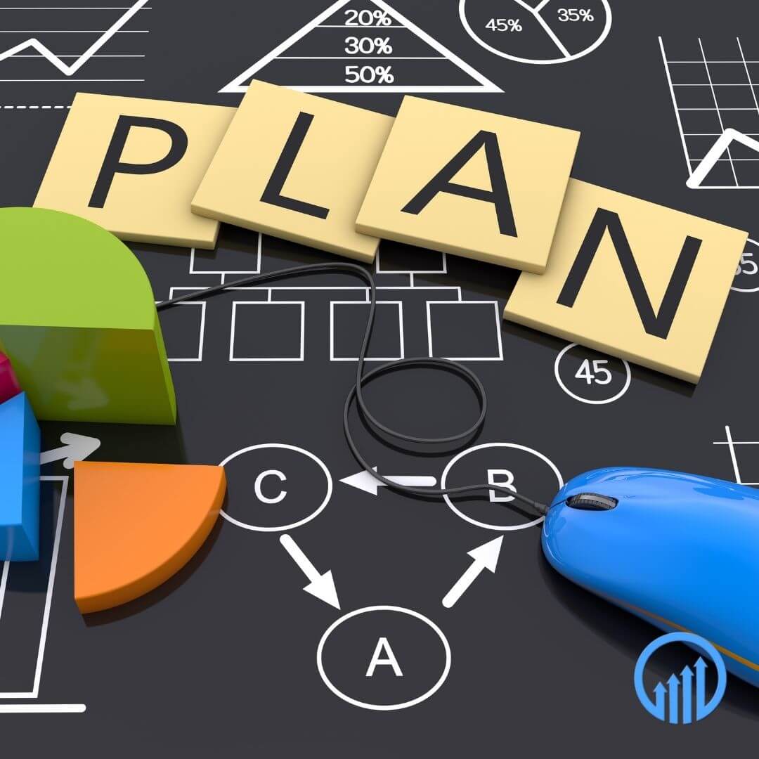 Colorful geometric shapes and a computer mouse beside the word "PLAN" on a black background with business charts and diagrams, representing strategic planning and productivity in business.