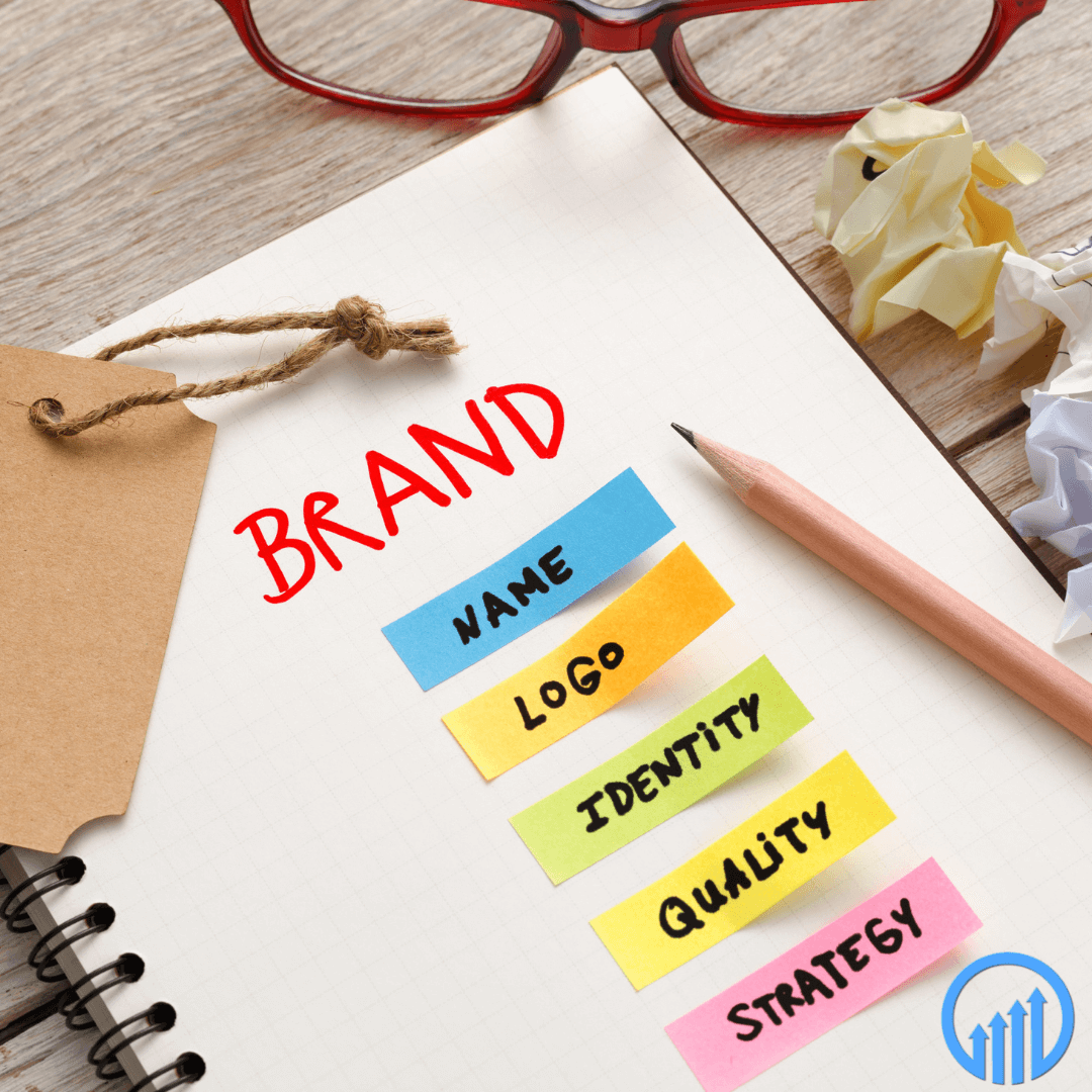 a notebook with "brand" with different aspects of branding below it