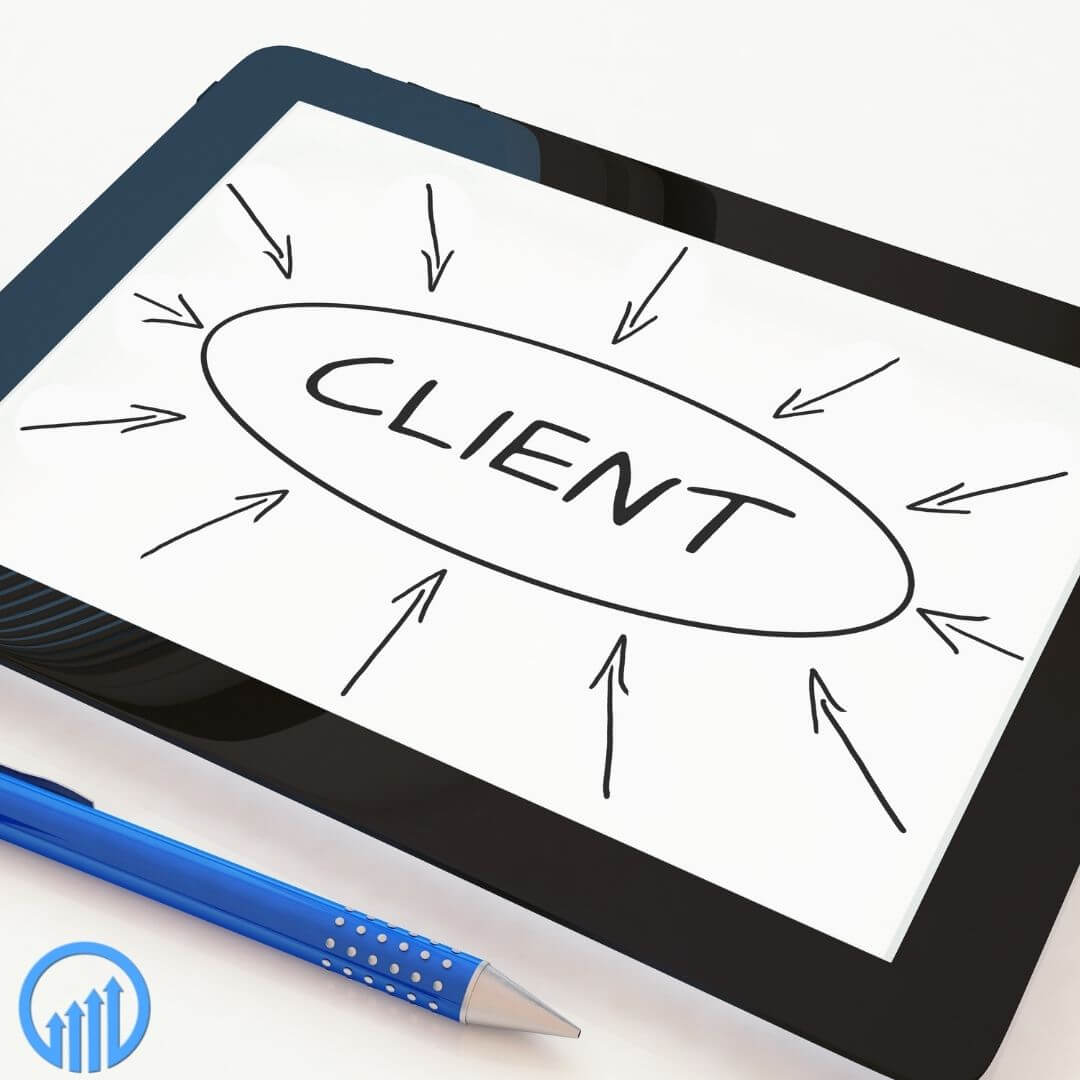 A tablet with the word "client" in the center and arrows pointing toward it