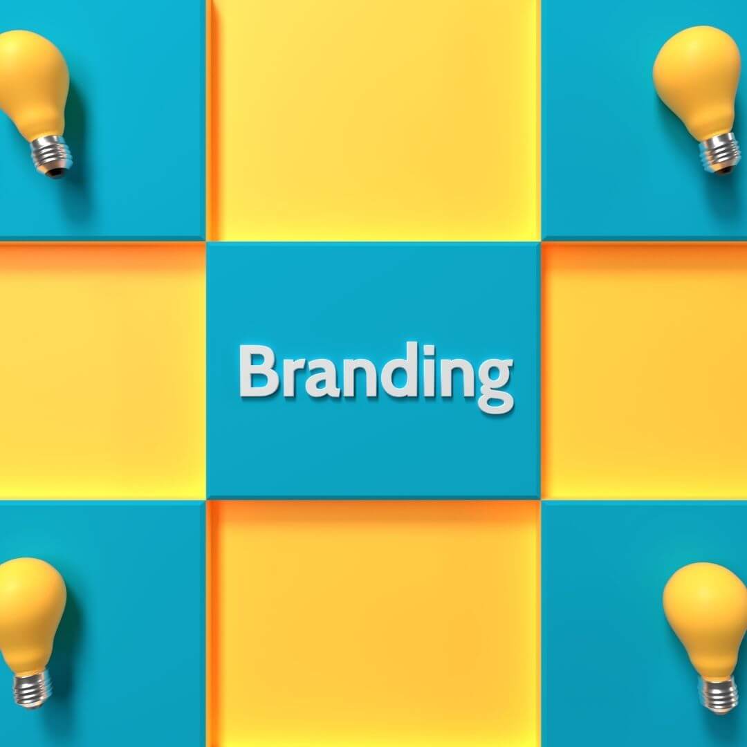 Yellow and vibrant blue checkerboard pattern with "branding" in the center square and yellow light bulbs in the corners