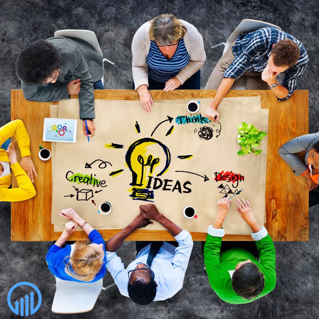 Diverse team brainstorming ideas around a table, featuring keywords like "Creative," "Design," and "Think," emphasizing collaboration and innovation in marketing strategies.
