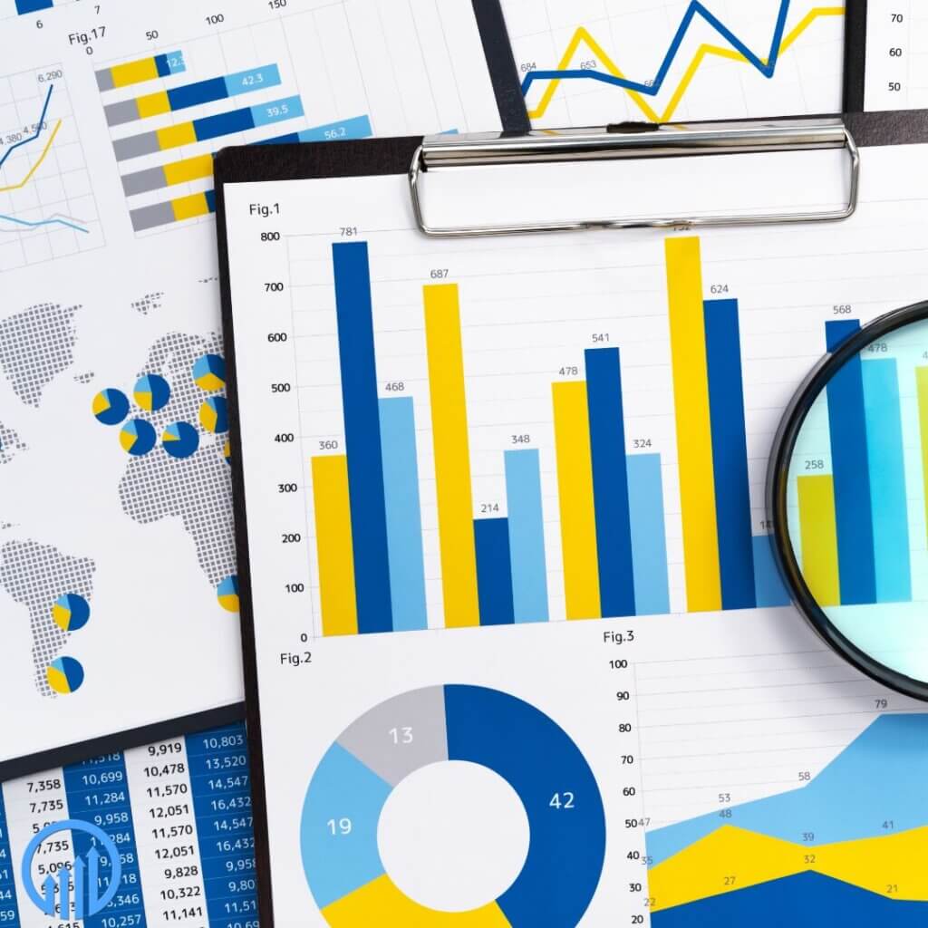 Charts and graphs displaying data analysis, including bar graphs and pie charts, emphasizing the importance of data in leadership and decision-making.