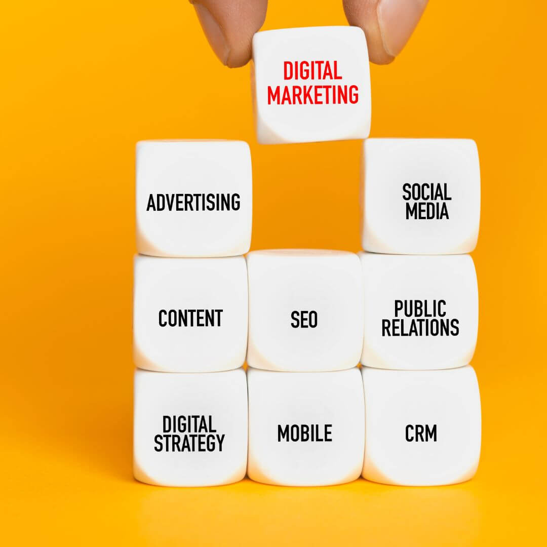 group of white blocks on a vibrant yellow background with marketing terms written on them