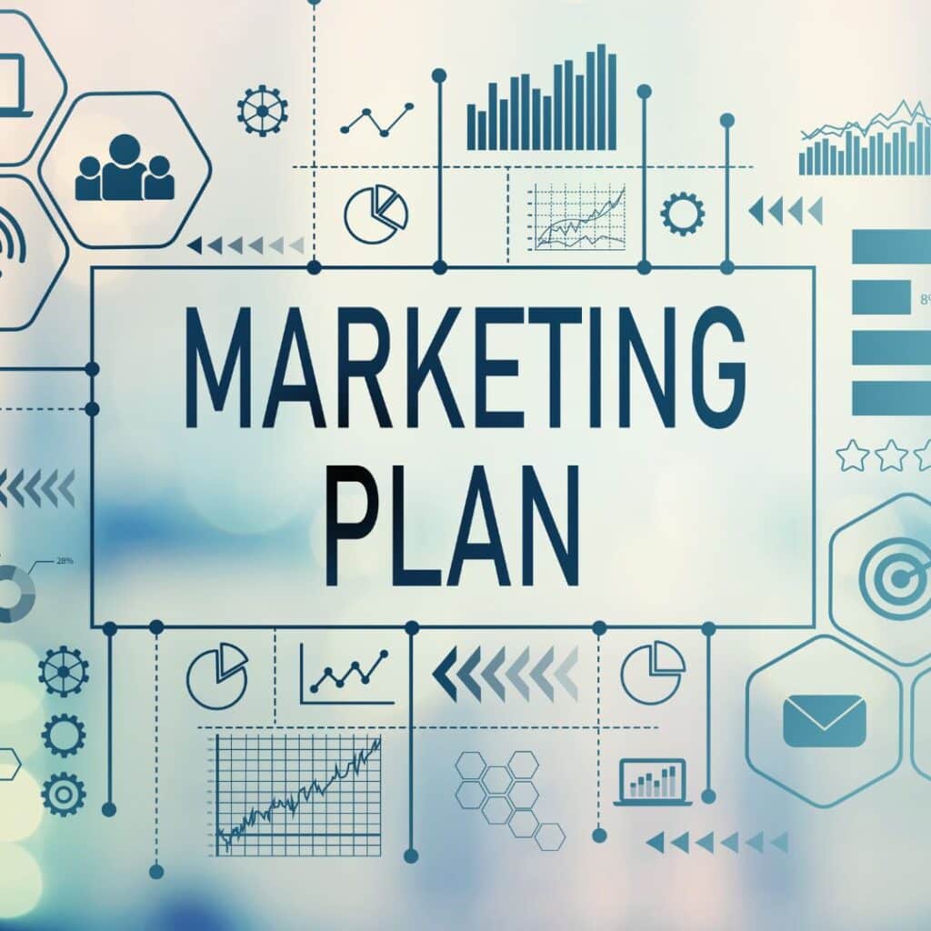 Marketing plan graphic with data charts, growth indicators, and icons representing marketing strategies, relevant to the Marketing Boot Camp curriculum.