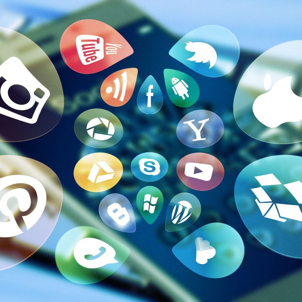 Various social media and digital platform icons, including YouTube, Twitter, Facebook, and Instagram, illustrating marketing vehicles for effective messaging in business.