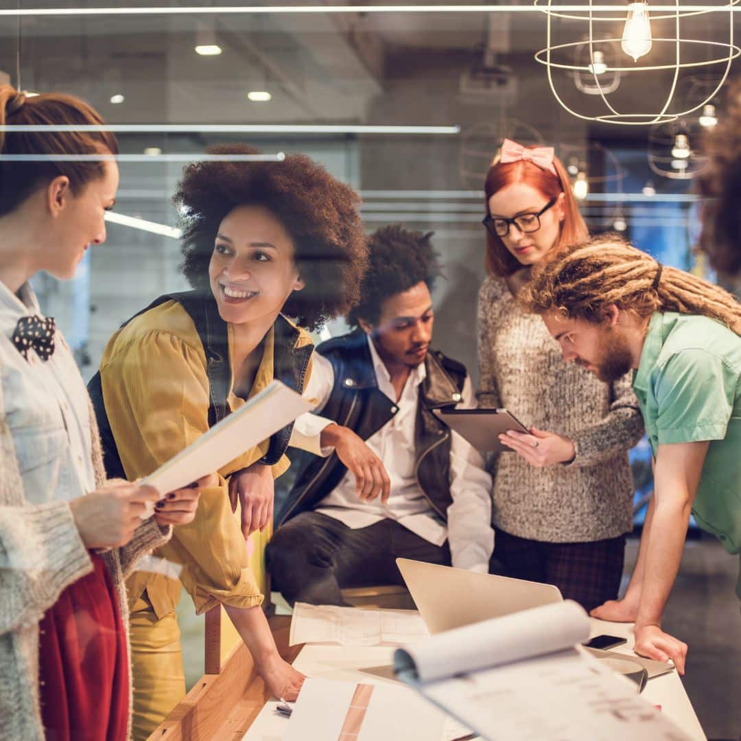 Office team collaborating and communicating on a project