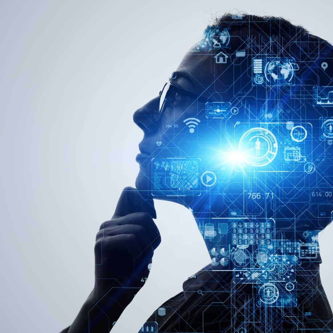 A woman in a thoughtful pose with AI images superimposed on her profile.