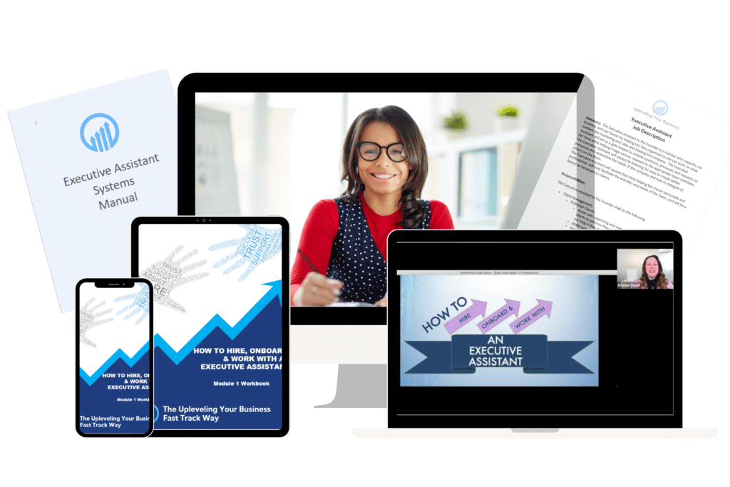 Executive Assistant training materials including a woman on a computer screen, mobile devices displaying hiring resources, and a systems manual, emphasizing effective onboarding and support for Executive Assistants.