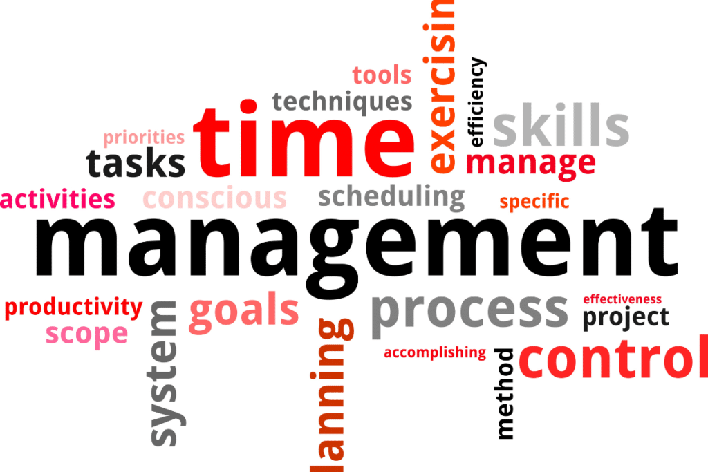 Time management word cloud highlighting skills, techniques, tasks, and productivity for effective executive assistant training.