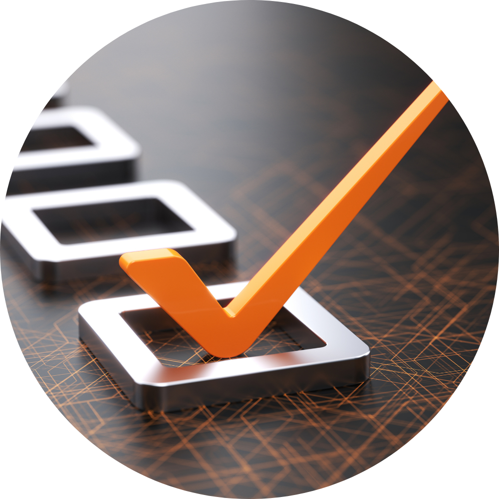 Orange checkmark on a silver checkbox, symbolizing completion and organization, relevant to hiring tips and sales systems implementation.