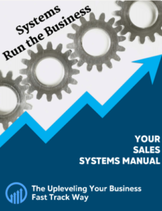 Gears and upward arrow graphic with text "Systems Run the Business" and "Your Sales Systems Manual," representing Upleveling Your Business sales training resources.