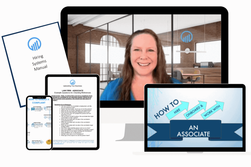 Image of a smiling woman presenting on a computer screen, surrounded by digital resources including a Hiring Systems Manual, a mobile phone displaying "How to Handle a Complaint," and a laptop showing "How to Hire, Onboard & Work with an Associate," emphasizing legal associate onboarding tools and strategies.