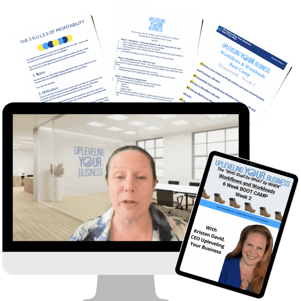 Woman speaking on computer screen about workflow optimization, surrounded by documents related to profitability and a Boot Camp for small businesses, emphasizing efficient workload management and employee training.