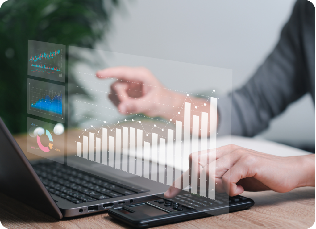 Person analyzing financial data on a laptop with charts and graphs, emphasizing bookkeeping and financial management solutions.
