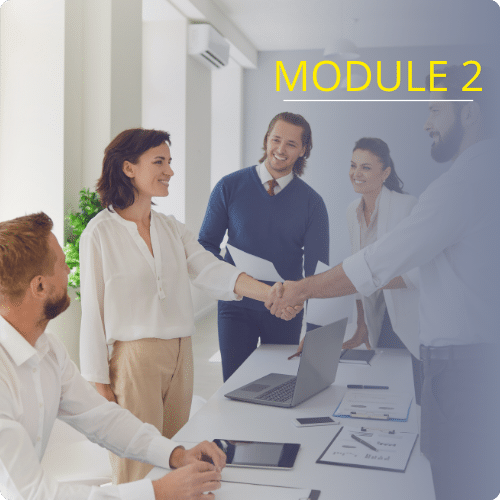 Business meeting with diverse professionals shaking hands, labeled "MODULE 2," illustrating teamwork and collaboration in the context of hiring and onboarding a bookkeeper.
