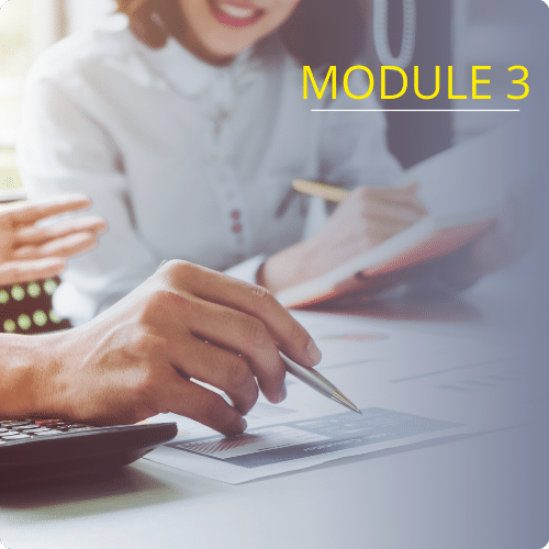 Hands pointing at documents with a pen and calculator, labeled "MODULE 3," illustrating the onboarding process for bookkeepers in the Bookkeeper Package by Upleveling Your Business.