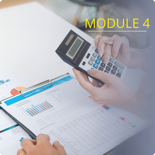 Hands using a calculator over financial reports and charts, labeled "MODULE 4," related to the Bookkeeper Package for hiring and managing bookkeepers.