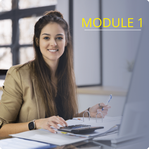 Smiling woman in a professional setting, holding a pen and sitting at a desk with a calculator, labeled "MODULE 1," representing the first section of a bookkeeping package for hiring and onboarding bookkeepers.