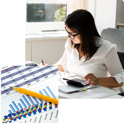 Woman analyzing financial data with calculator, surrounded by graphs and spreadsheets, illustrating bookkeeping solutions for busy business owners.