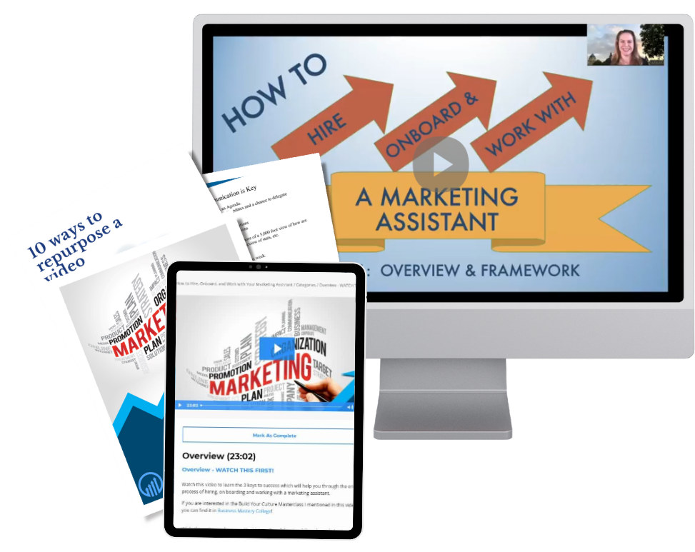Marketing resources including a computer screen displaying "How to Hire, Onboard & Work with A Marketing Assistant" and a tablet showing a marketing overview video, alongside documents titled "10 ways to repurpose a video" and a marketing plan, illustrating tools for effective marketing assistant management.