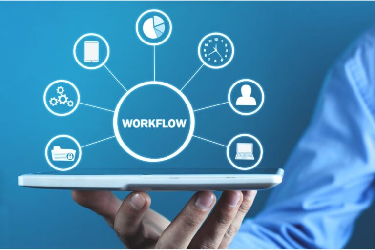 Hand holding a tablet displaying a digital workflow diagram with icons representing productivity tools, time management, and collaboration, emphasizing innovative strategies for business improvement.
