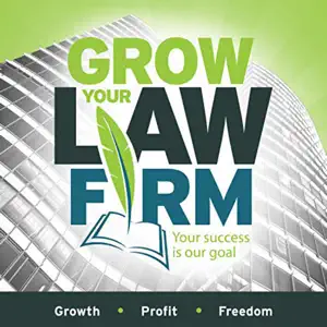 Logo promoting law firm growth with text "GROW YOUR LAW FIRM," featuring a book and feather graphic, emphasizing success, profit, and freedom.