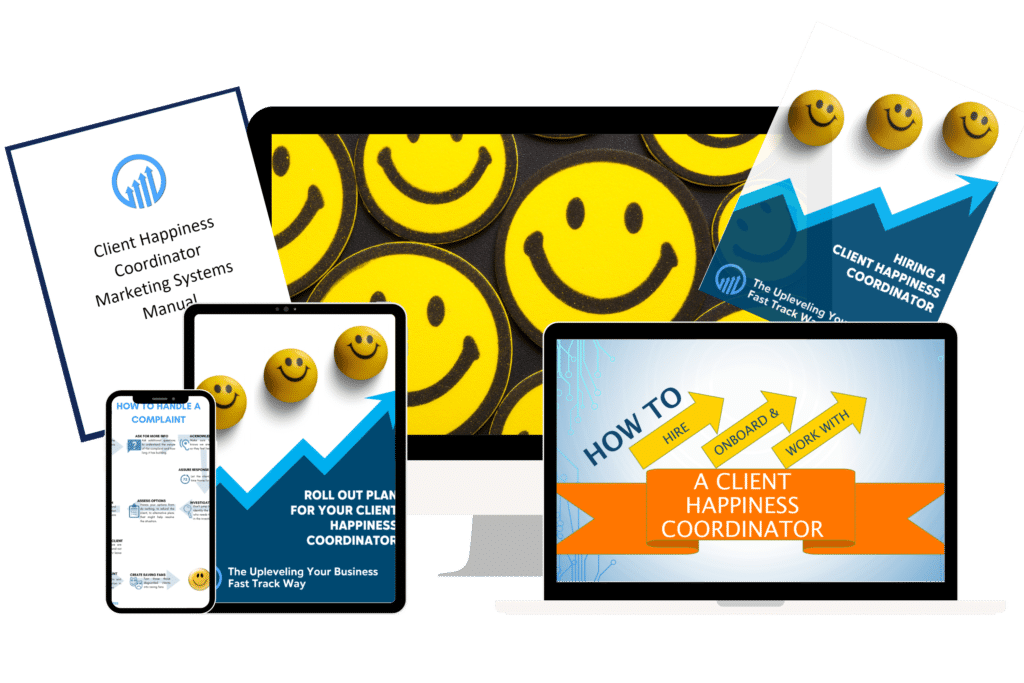 Client Happiness Coordinator training materials on various devices, featuring manuals, smiley face graphics, and onboarding resources, highlighting comprehensive support for enhancing customer satisfaction.