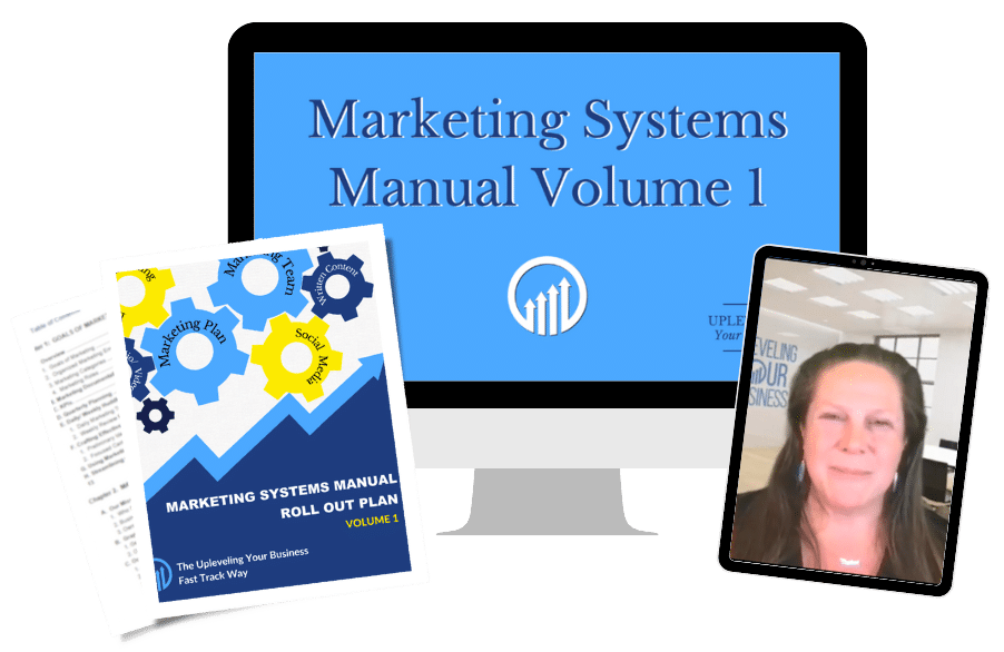 Marketing Systems Manual Volume 1 on computer screen, printed manual with gears, and video call featuring a marketing expert, emphasizing business growth and productivity resources.