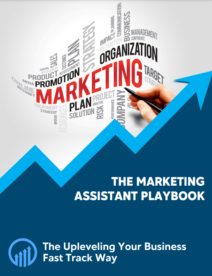 Marketing Assistant Playbook cover featuring keywords related to marketing strategies, upward trend graphic, and branding for Upleveling Your Business.