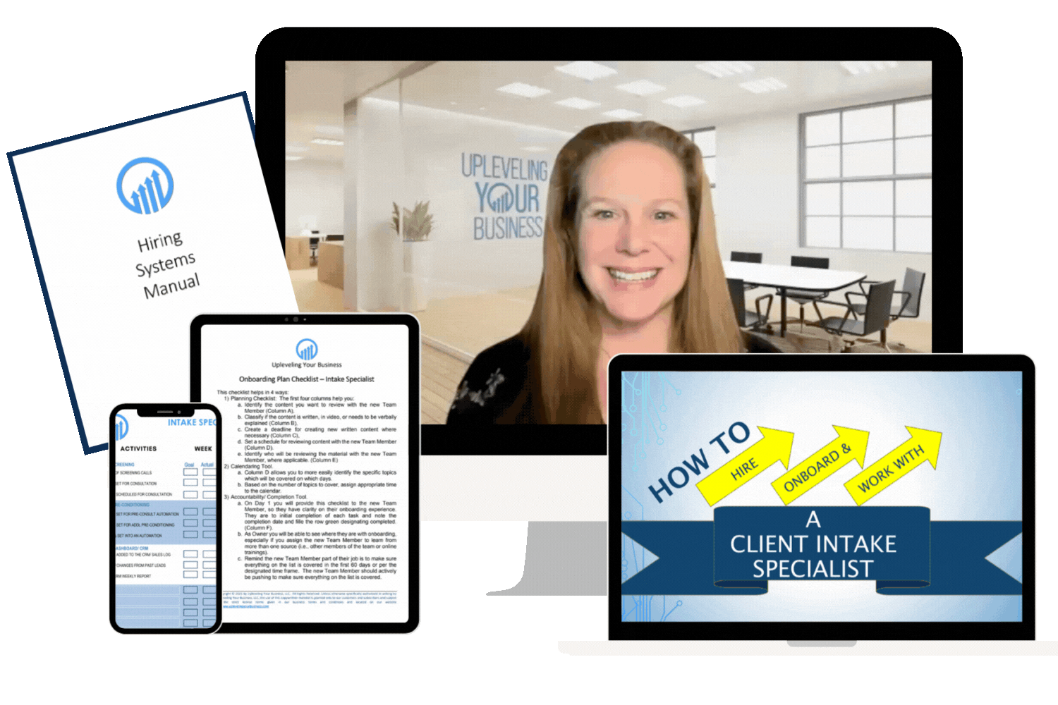 Woman smiling in a professional setting, surrounded by digital resources including a hiring systems manual, training checklist, and course title "How to Hire, Onboard & Work with a Client Intake Specialist," reflecting the focus on optimizing client intake processes for business efficiency.