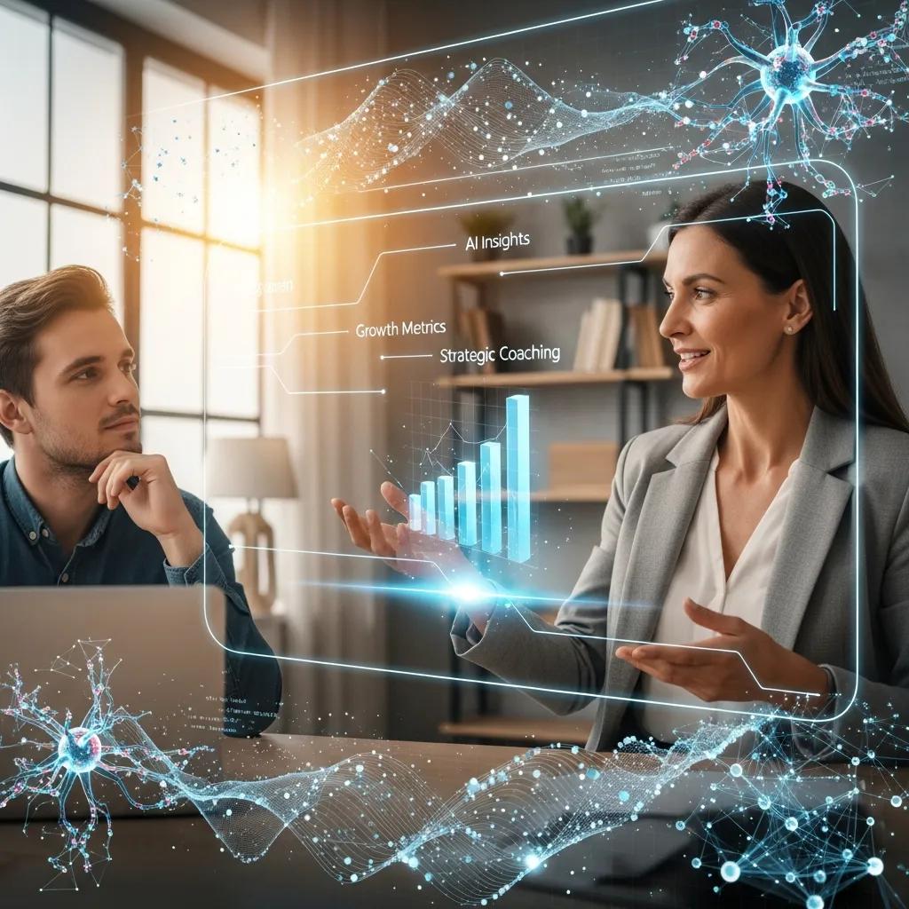 Business coach using AI technology to assist entrepreneur, displaying growth metrics and strategic coaching insights in a modern office setting.