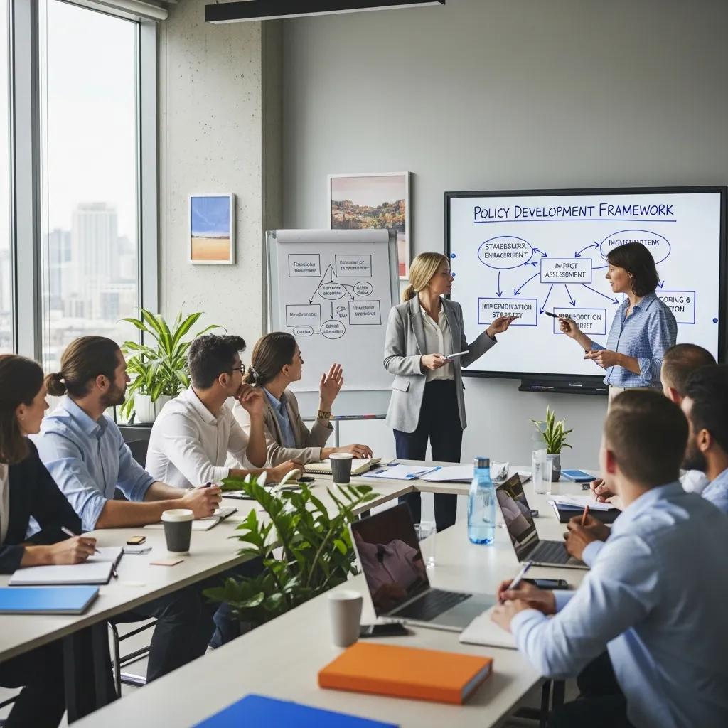 Business professionals engaged in a coaching workshop on policy development, discussing frameworks and strategies, with a presentation screen displaying "Policy Development Framework" and visual aids.