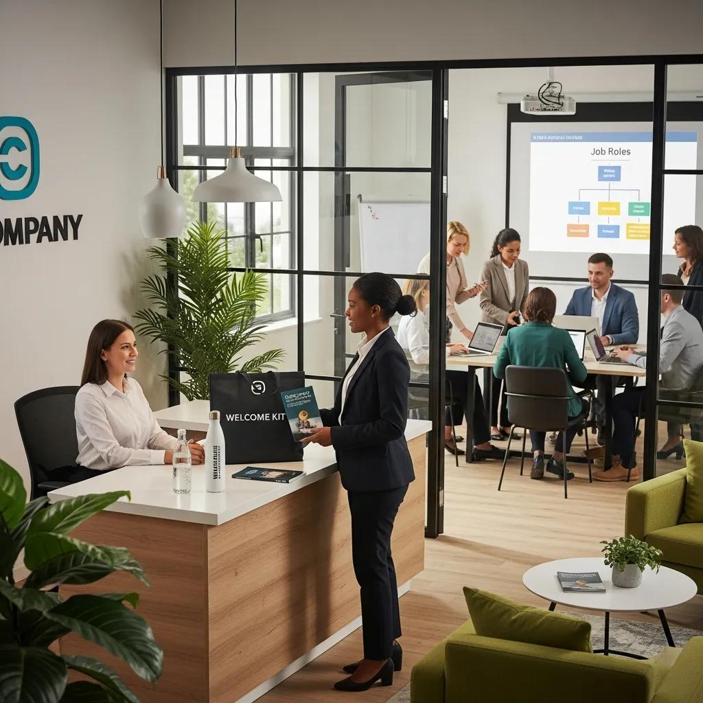 Diverse employees collaborating in a welcoming office environment, featuring a reception area with a "WELCOME KIT," emphasizing effective onboarding and team management strategies.