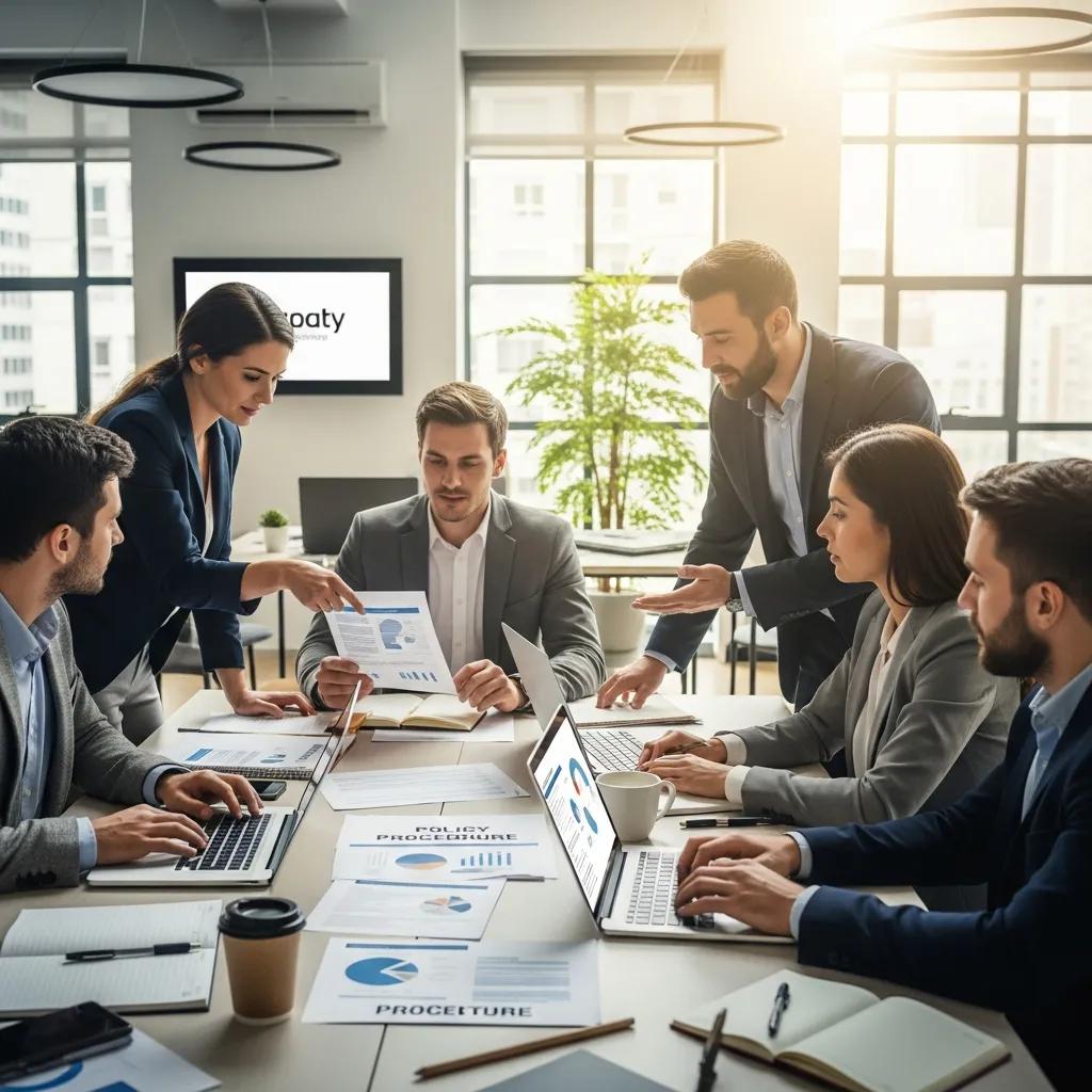 Diverse team collaborating on business policies and procedures in a modern office, discussing documents and data on laptops and papers.