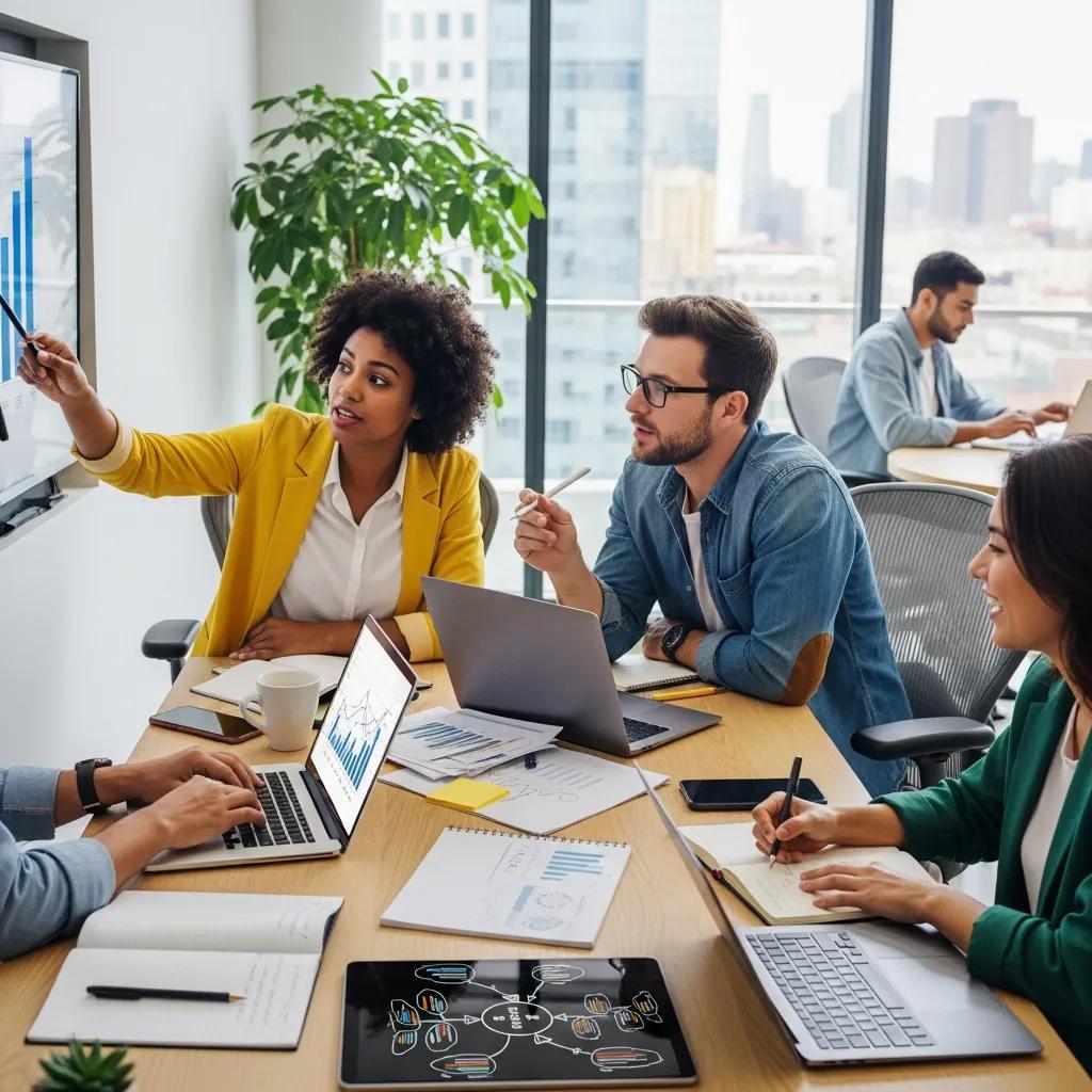 Entrepreneurs collaborating in a modern workspace, discussing business strategies with digital devices, charts, and notes, emphasizing AI-driven coaching and operational efficiency.