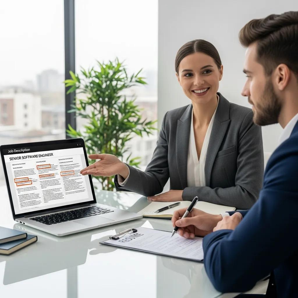 Hiring manager discussing job responsibilities with a candidate, showcasing a detailed job description for a Senior Software Engineer on a laptop, in a modern office setting.