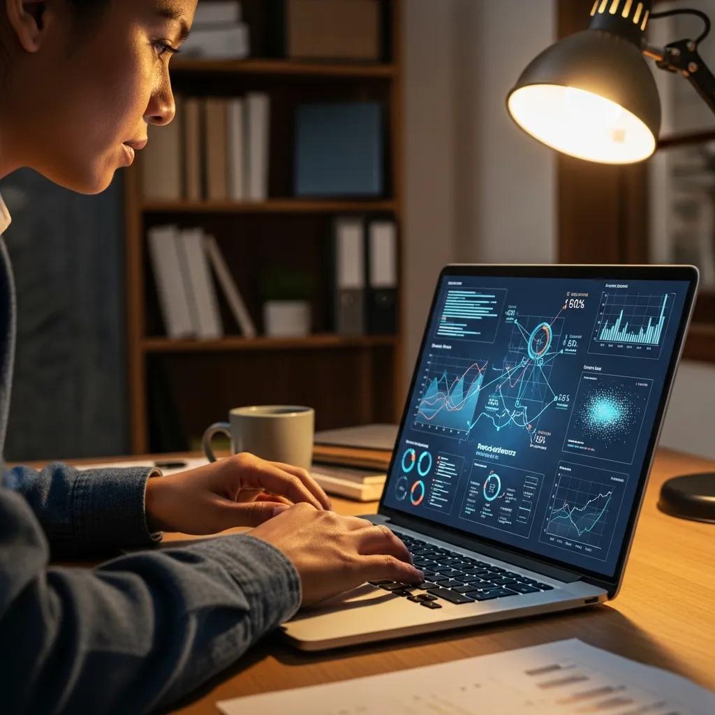 Individual analyzing data on a laptop with visual analytics for business performance optimization and operational efficiency.