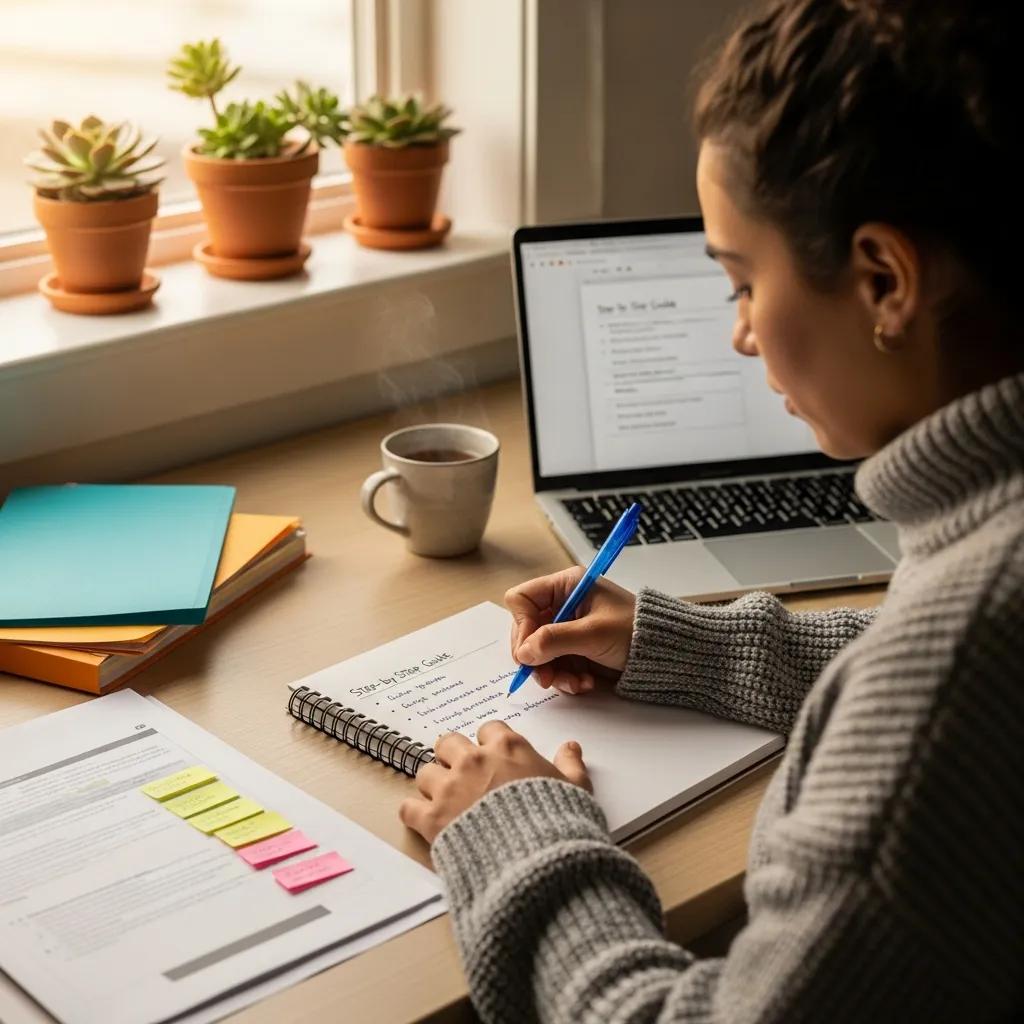 Person writing a step-by-step guide in a cozy workspace, with a laptop displaying a document, a cup of coffee, and colorful folders, illustrating the process of creating effective policies and procedures.