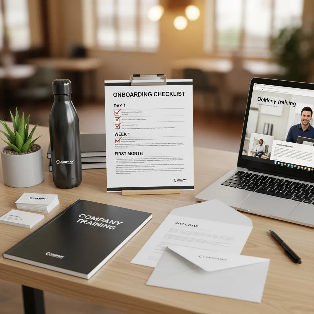 Onboarding checklist displayed on a desk with company training materials, including a water bottle, notebook, business cards, and a laptop showing an online training session, emphasizing effective onboarding practices for new employees in small businesses.